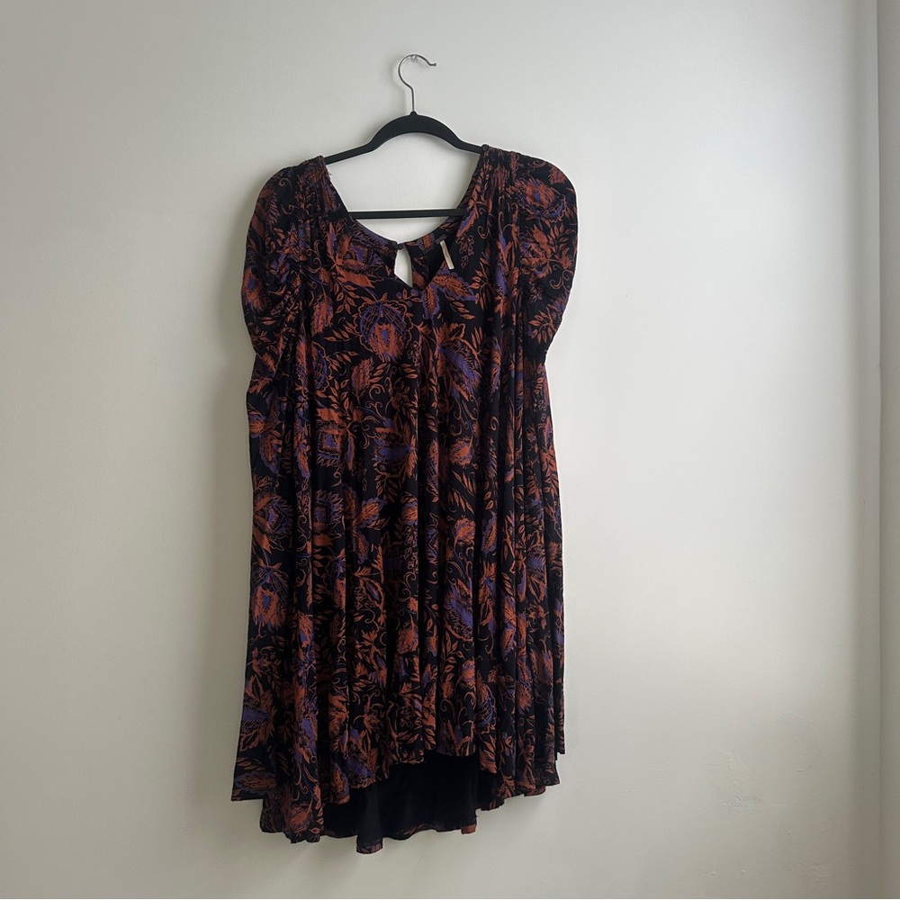 Free People Black, Purple and Orange Flutter Sleeve Mini Boho Dress